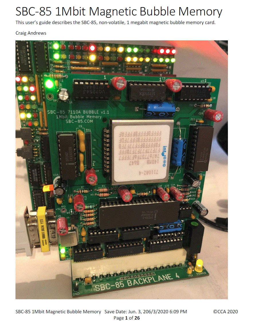 SBC-85 1Mbit Magnetic Bubble Memory User Manual