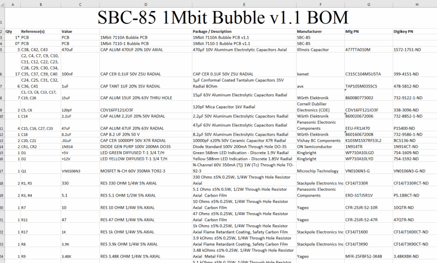 1Mbit Bubble v1.1 BOM